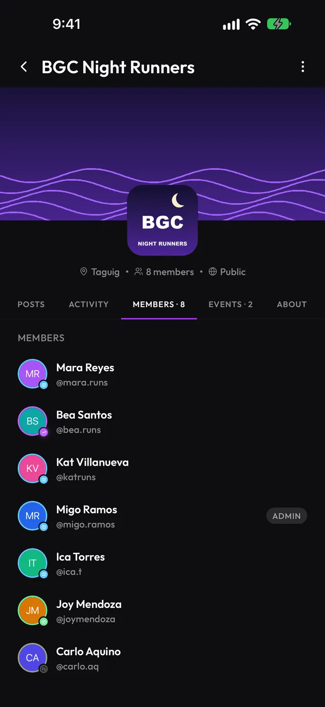 A Runn Club with members and a weekly leaderboard