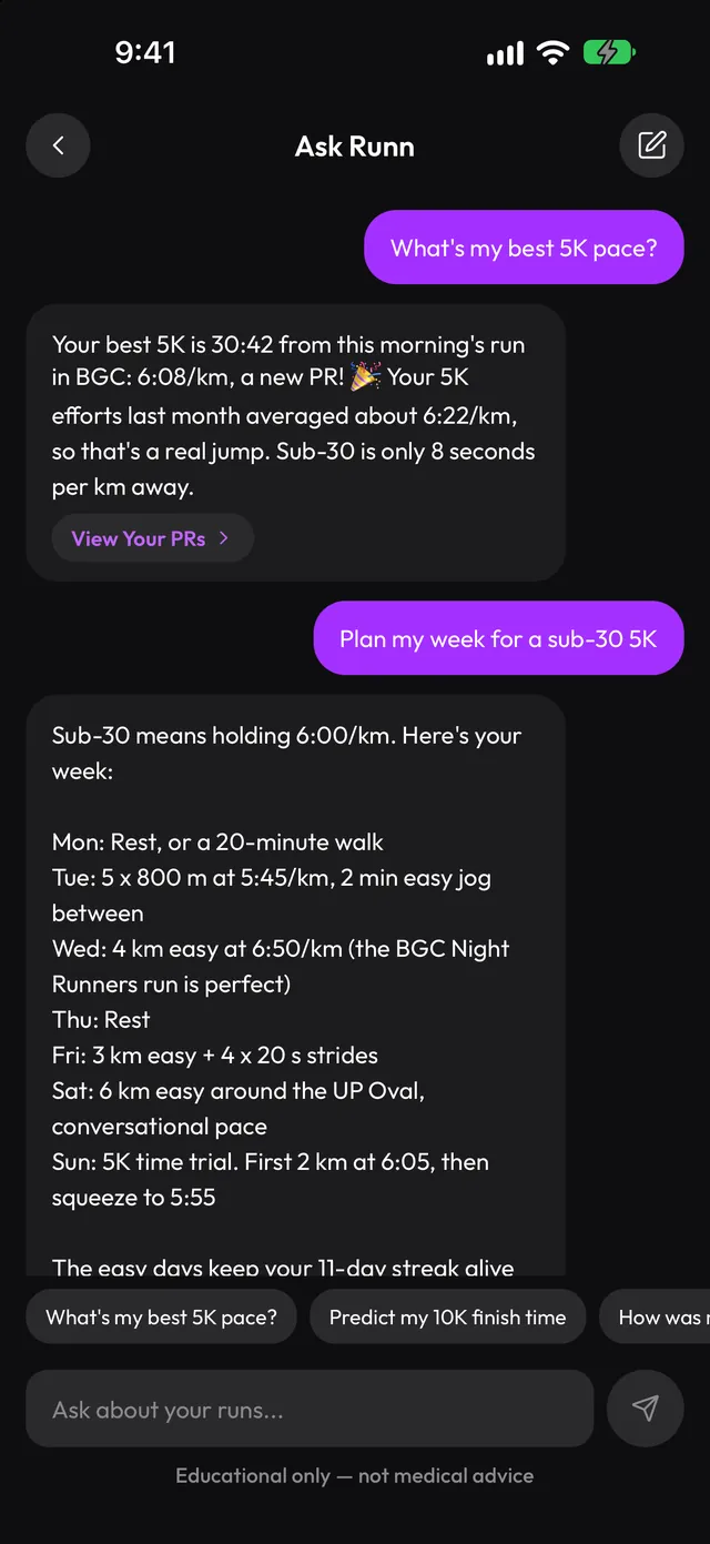 Ask Runn chat answering a question about a half marathon