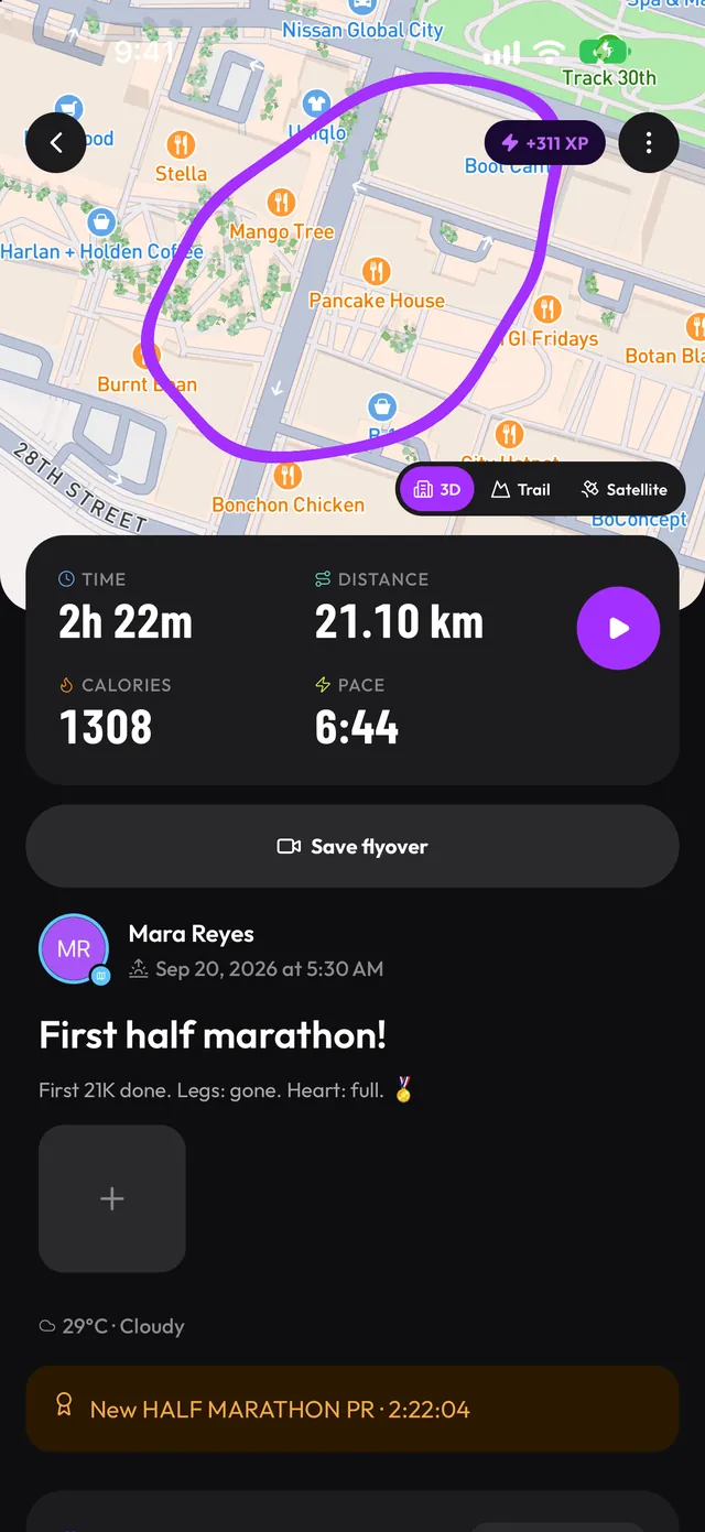 Run detail with route map, splits and AI debrief