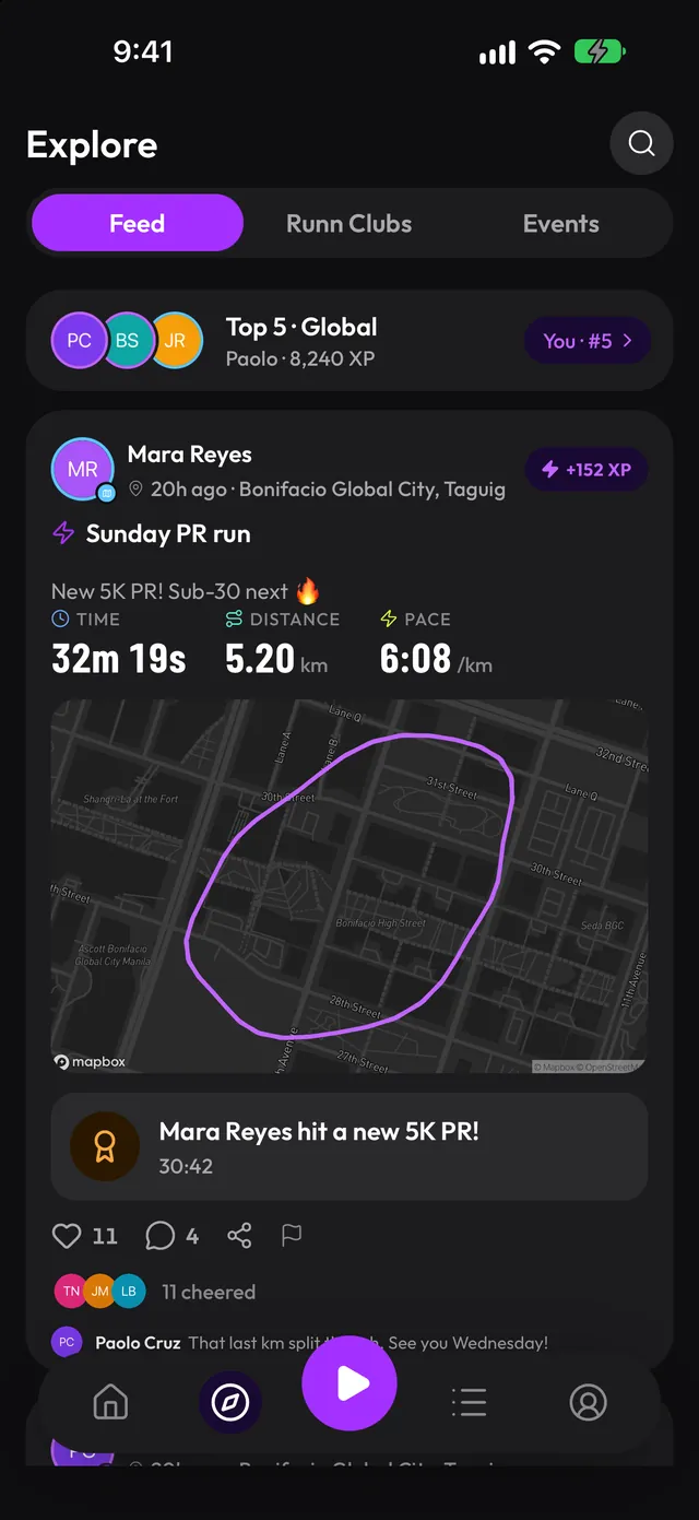 Explore feed with the weekly top five and a friend's run