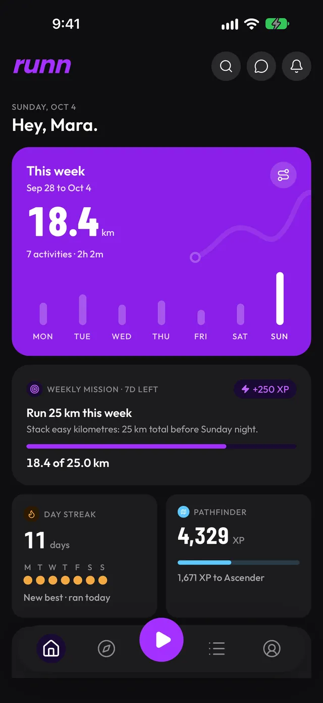 Runn Home screen with this week's distance and streak