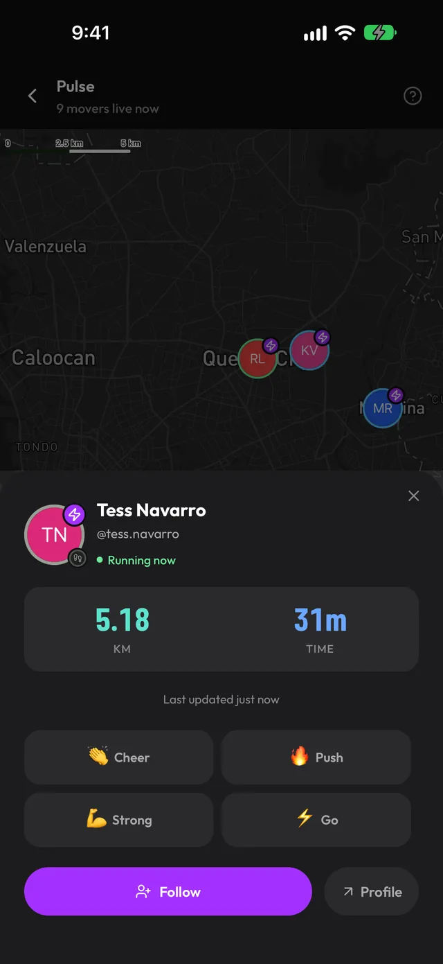 Pulse showing a runner nearby with their live pace