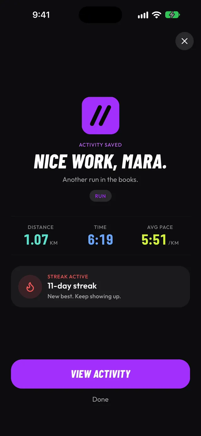 Run summary with XP and a running streak