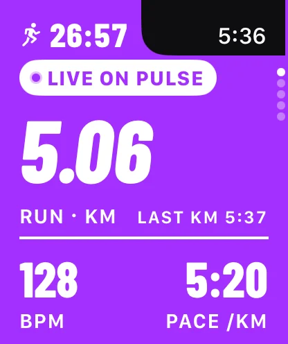 Runn on Apple Watch during a run, showing distance, heart rate and pace