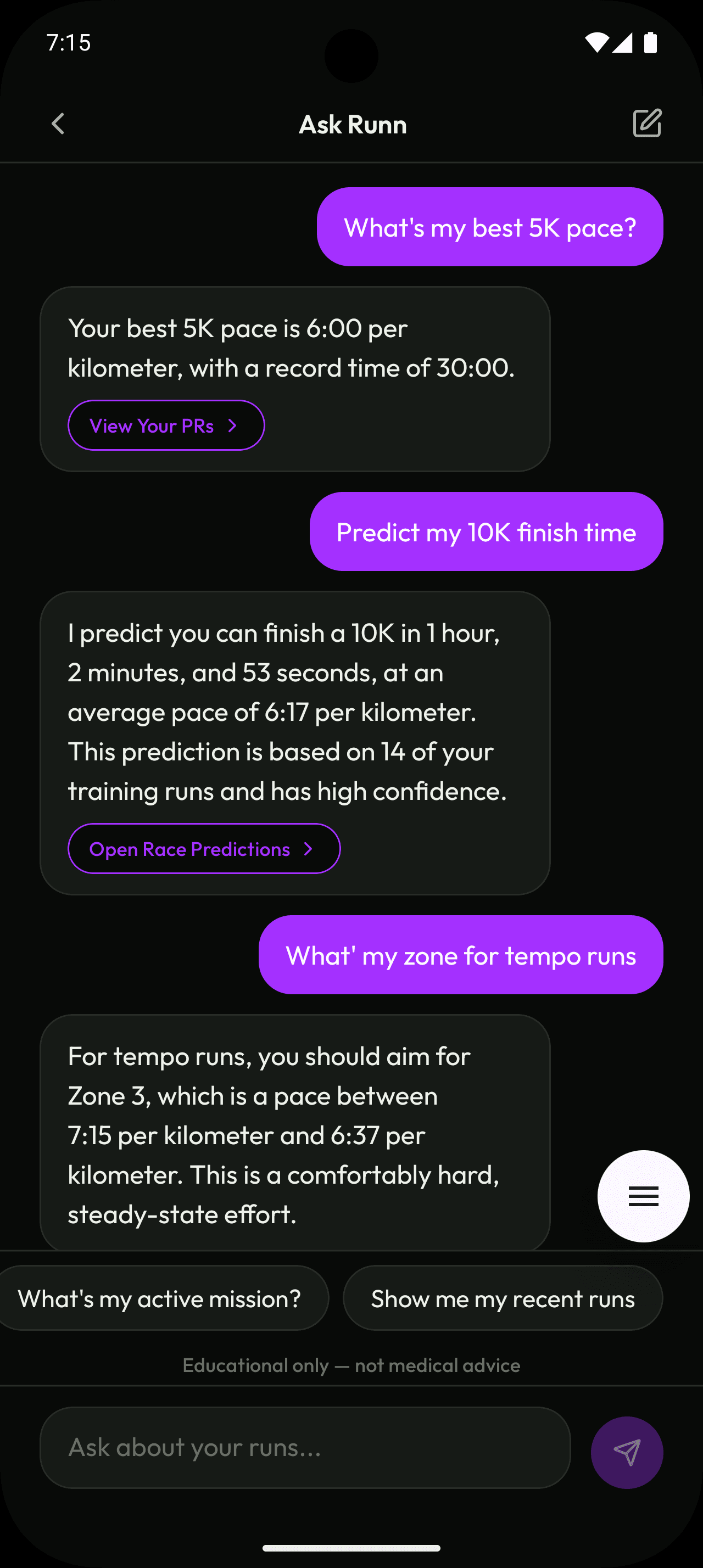 AI chat answering pace, prediction, and zone questions with deep links