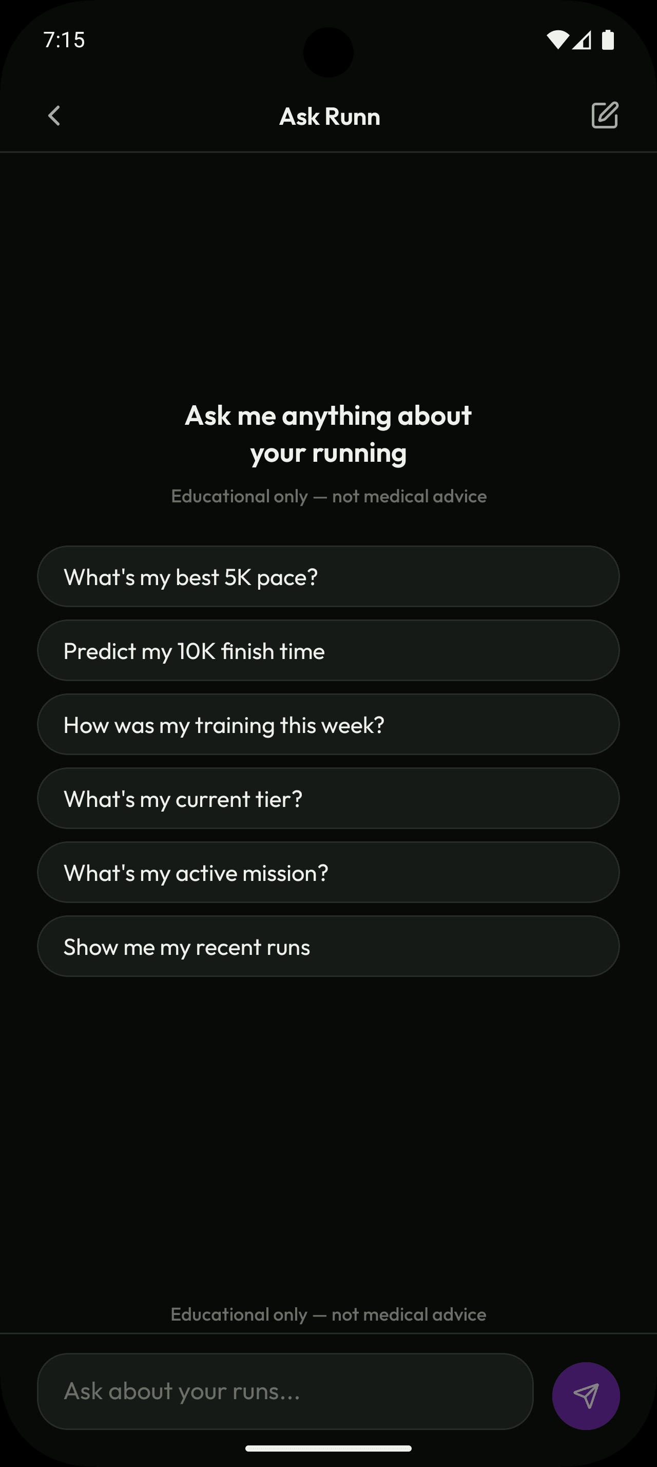 Ask Runn AI chat with suggested questions like best 5K pace and race predictions